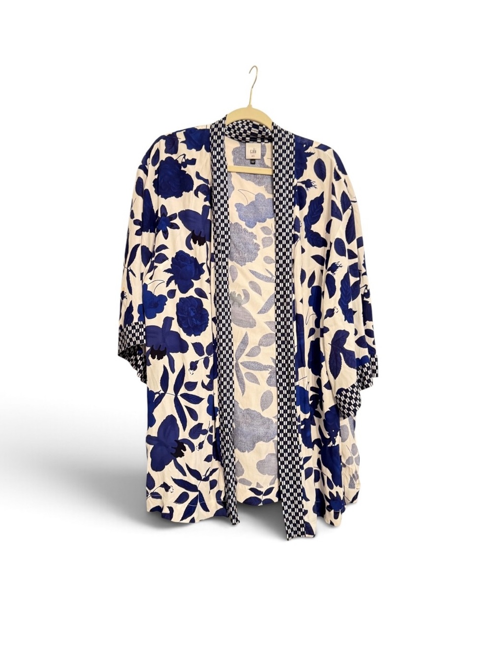 CAbi Navy and Cream Floral Kimono with Check Trim